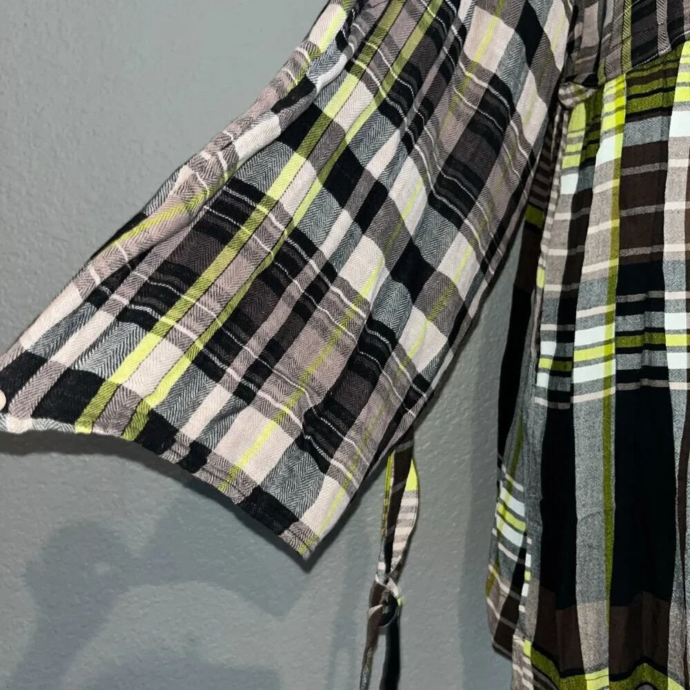 FREE PEOPLE Falling Stars Oversized Babydoll Plaid Mini Dress w/Tie Wrists - XS